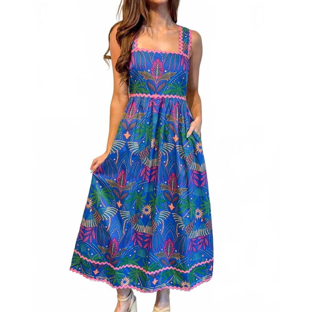 NEW ADELINE zoe tropical midi dress in blue
